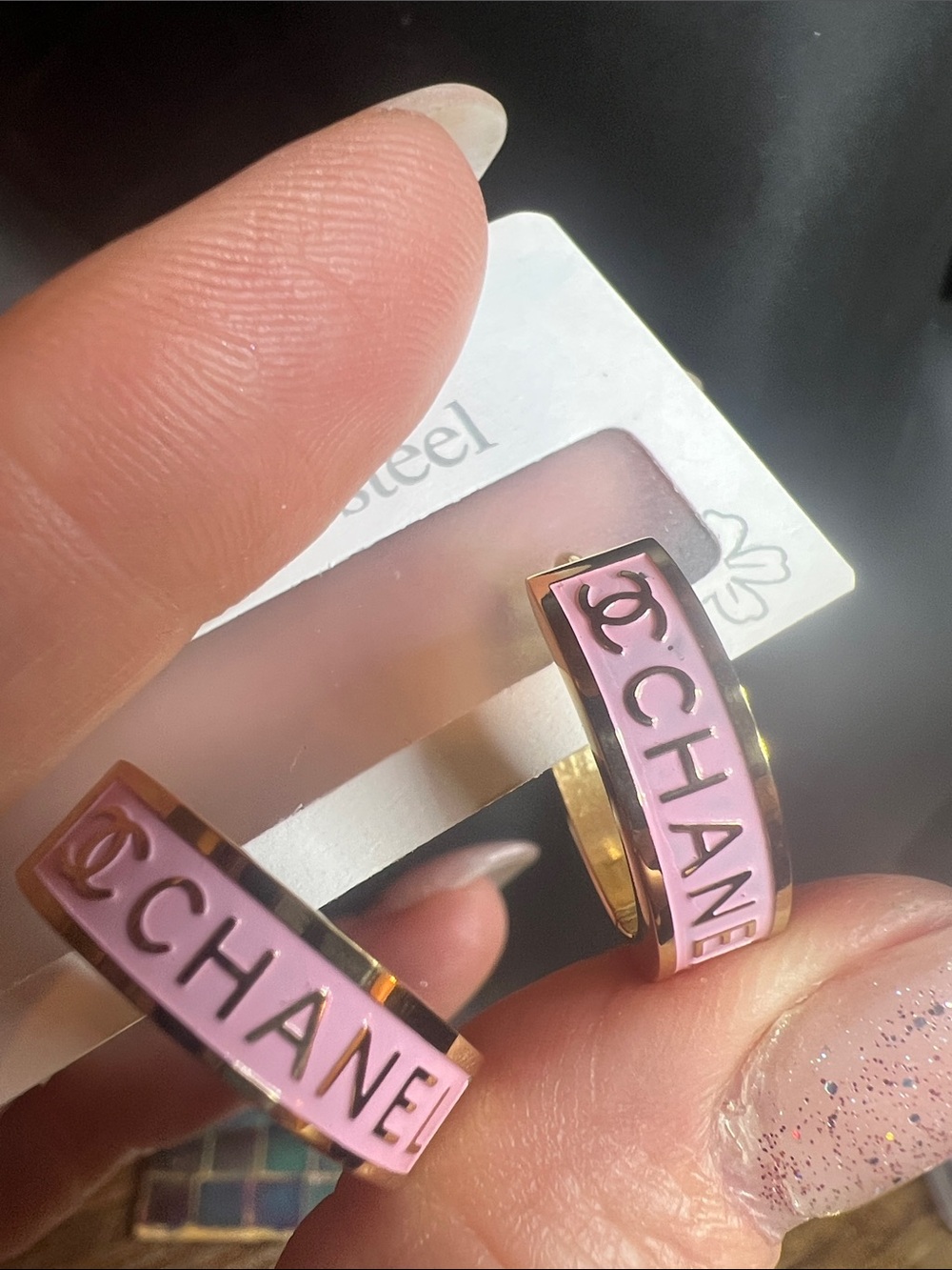 Pink Logo Enamel Hoop Earrings with Gold-Tone Trim
